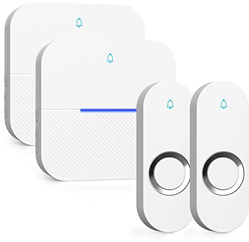 AIDA Lighted Wireless Doorbell for Home, Waterproof Battery Doorbell Wireless 1,000ft Range, 5 Volume Levels with 58 Chimes & LED Flash on Receiver (White, 2 Buttons & 2 Receivers)