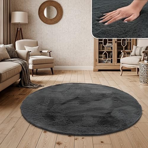 Paco Home Hochflor Teppich Wohnzimmer Schlafzimmer Shaggy Modern Flauschiger Fellteppich Weich Fell Imitat Kunstfell Einfarbig, Grösse:Ø 160 cm Rund, Farbe:Dunkelgrau