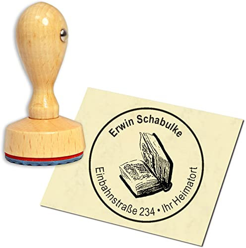 Stempel Adressstempel Holzstempel - Buch - rund ∅ 40mm personalisiert als Firmenstempel Namensstempel Bürostempel