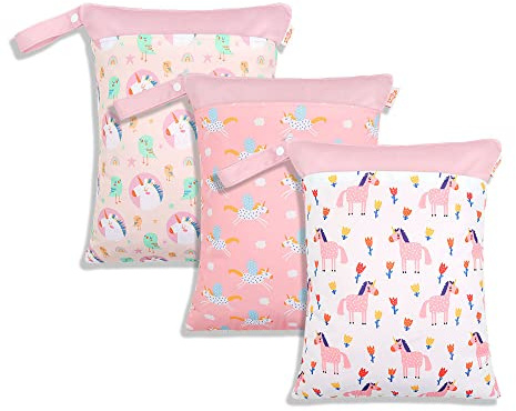 Treer Bolsa de Pañales Bebés [3PC] - Grande Wetbag Reutilizable Impermeable, Bolsa Cone Cremallera para Mamá, Organizador de Colgar para Carro de Bebé, Neceser Viaje (Unicornio Rosa,30x40cm)