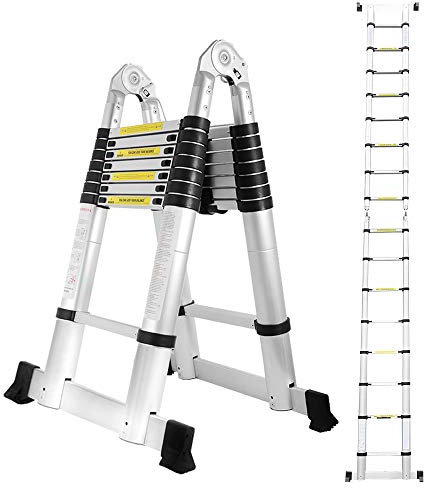 Yakimz Scala telescopica, 5 m (2,5 + 2,5 m) Scala Pieghevole in Alluminio ad Estensione Rapida, Antiscivolo, Scala multiuso Leggero e Flessibile, Portata massima 150 kg