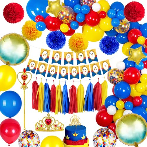 Geburtstagsdeko Mädchen Set, Prinzessin Geburtstag Deko, Rot Gelb Blau | Deko Kindergeburtstag mit Luftballons Tiara Krone Zauberstab Cake Topper Happy Birthday Girlande Krone Ballon für Partydeko