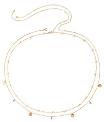 Whoiy Collana per il corpo con fianchi, collana per il corpo con perle, placcato in oro, doppia catena con perline e paillettes, accessorio per il corpo, 93cm, lega di metallo, Nessuna pietra preziosa