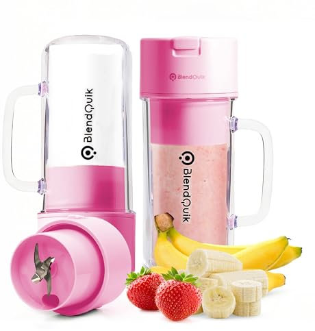 BlendQuik, Portable Personal Blender for Milkshakes and Smoothies, Leakproof and Stylish, Rechargeable Portable Mini Blender with 10 Blade Mixing System, 14 oz, Pink