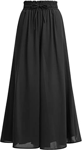 FYMNSI Sommerhose Damen Leicht, Damen Breites Bein Hose Elegant Sommer Hosenrock Lang Culottes Hosen Hohe Taille Chiffon Plissee Palazzo Hose mit Gummizug Einfarbig Freizeithose mit Tasche Schwarz XL