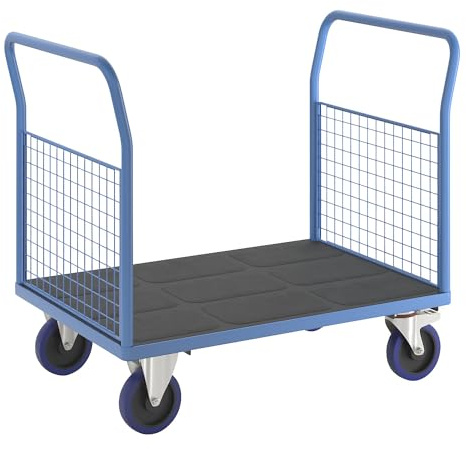 eurokraft | Plattformwagen mit Gitterwänden | Vollelastik-Rollen | 2 hohe Gitter-Stirnwände | LxB 1150 x 800 mm