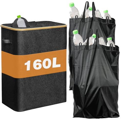 Pfandflaschen Sammelbehälter, Pfandflaschen Behälter, 160L Pfandflaschen Aufbewahrung, Flaschensammler Integrierter Tragetasche Fasst 45-75 Leere Flaschen, Wäschekorb Holz Laundry Basket