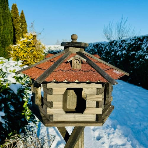 DARLUX Vogelfutterhaus XL Sechseck Holz Vogelhaus Futterstelle Braun/Rot