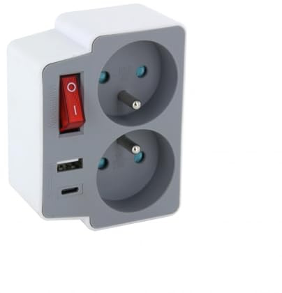 CHACON Biplite Domino 2X16A + 1xUSB-A + 1xUSB-C avec Interrupteur Gris/Blanc