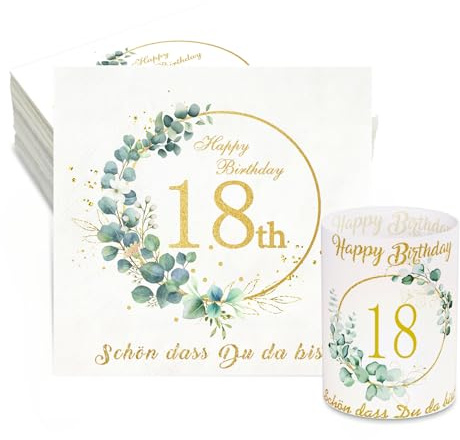 32 Eukalyptus Servietten 18. Geburtstag+8 Windlicht Tischdeko 18 Geburtstag Schön DASS Du Da Bist Deko 18. Geburtstag Junge Mädchen Geburtstag Windlichter Servietten Happy Birthday Tischdeko