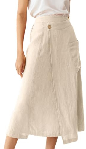 IDEALSANXUN Gonne di Lino per Le Donne 2024 Estate Casual Cotone A Line Elastico Vita Alta Midi Gonne con Tasche, Beige, M