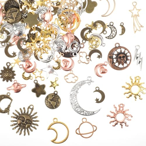 PEOVLVN Antik silverarmband, sol, måne och stjärna, tibetanska silverberlocker, metallberlocker med måne, stjärnor och galax för smyckestillverkning, för smyckestillverkning