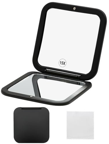 VEGCOO 15X Grossissant Miroir de Poche Pliable, Petit Miroir de Poche, Miroir Grossissant de Voyage, Double Face 15X et 1X, Carré 8 cm (Noir)