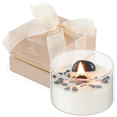 AntExpanse Kokos Duftkerze im Glas mit Echten Heilsteinen & Knisterndem Holzdocht, Geschenk für Frauen, Geburtstag, Dankeschön, 55h Brenndauer, 198g Sojawachs für eine tropische Auszeit