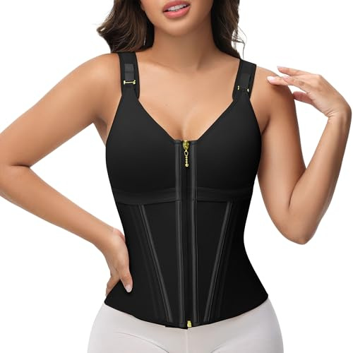 SHAPSHE Waist Trainer Corset for Women Tummy Control Sport Workout Body Shaper Vest for Women Postpartum Gym Zipper and Hooks, Black, Large
