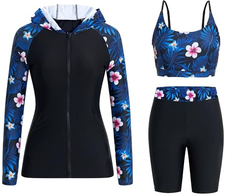 Owntop Womens 3-Piece Rash Guard | UPF50+ Swimsuits Hooded UV Shirt | Long Sleeve Zipper Rashguard Shirts & Bikini Top & High Waist Boyshorts | Swimming Surfing Modest Swimwear