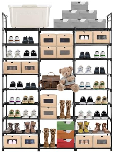 ALFKET Scarpiera a 9 Livelli, Fai Da Te Porta Scarpe in Metallo con Ganci, può Contenere 50-55 paia di Scarpe e Stivali, Salvaspazio Scarpiera per Ingresso Soggiorno Guardaroba Camera da Letto, Nero