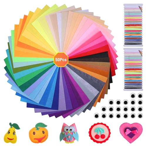 50 Farben Bastelfilz, Filzplatten 20×30cm, Filz Bunt zum Basteln, Durable Filzstoff, A4 Felt fabric, Filz Stoff zum Nähen Set mit Fäden & Dekoraugen, Bastelfilz 1mm Bastel Material für Mädchen Jungen