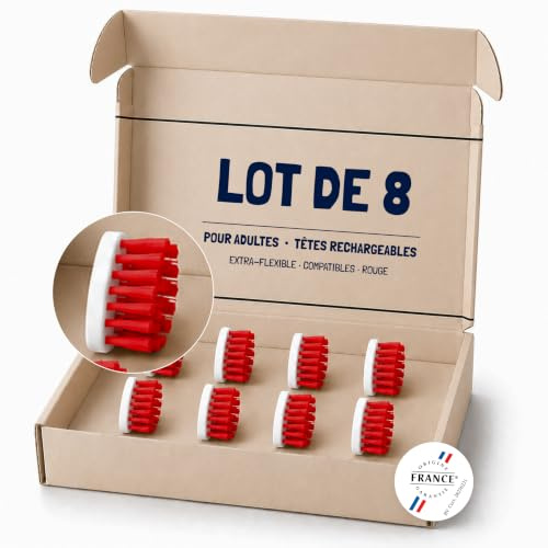 [EHOP] Lot de 8 Têtes de Brosse à Dents Rechargeables Compatibles | Rouge | Convient aux Adultes | Poils Extra Souples | Fabriqué en France | Dentaire Écologique | Hygiène bucco-dentaire optimale