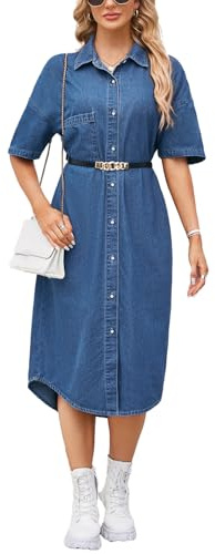 Sukany Women's Casual Denim Dress Button Down Lapel Jean Shirt Short Sleeve Mid Long Loose Dress (Dark Blue,L)