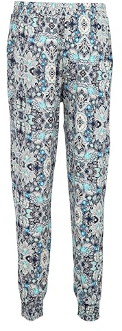 Easy Young Fashion Damen Sommerhose - Florale Freizeithose mit elastischem Bund - Lange Boho Hose - Strandhose Stoffhose aus Baumwolle 777 - (Türkis-Blau)