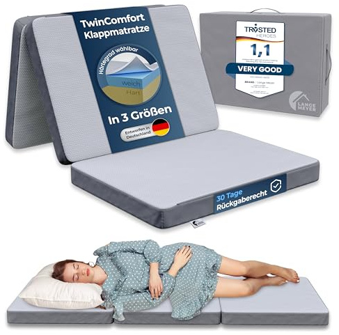 LANGE MEYER® TwinComfort Klappmatratze 2 Härtegrade, 3-teilig faltbar mit Tragetasche, Gästebett & Faltmatratze für Erwachsene, Folding Mattress 90x200x12 cm