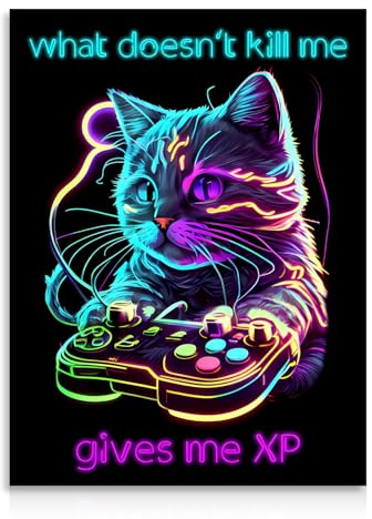 Dazzlewall Neon Gaming Wandbilder, Lustiges Cyberpunk Katzen Bild für Jugendzimmer Spielzimmer Deko 12×16 in Ungerahmt