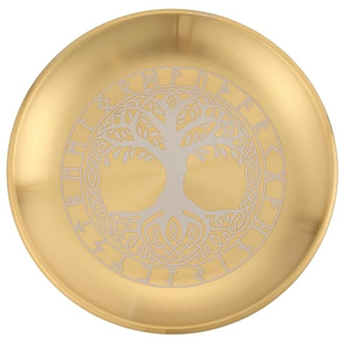 CREATCABIN Piatto Rituale Altare Dell'Albero della Vita Piatto in Acciaio Inossidabile Piatto Rotondo Dorato Ciotola Offerte Preghiera Portacandele Bruciare L'Incenso Gioielli Rabdomanzia 14cm