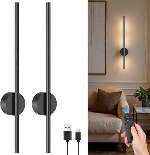 NIORSUN 65CM Battery Operated Wall Lights, Black Rechargeable Wall Lights Indoor with Remote, 3 Color Temperature Dimmable Wireless Wall Scones, Detachable Wall Sconces for Living Room Bedroom Hallway