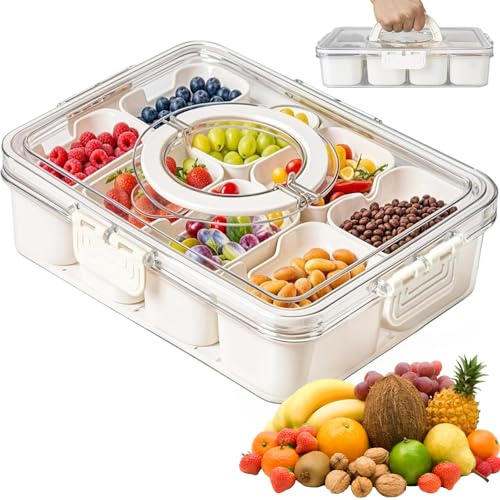 Kezidhp Snackbox mit Fächern - 8-fach Snackteller aus spülmaschinengeeignetem PP, mit Deckel & Tragegriff, Portable Aufbewahrungsbox für Süßigkeiten, Obst, Kekse, Gemüse, Nüsse