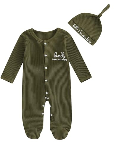 Newborn Boys Hello Im New Here Baby Grow with Hat (Olive Green, 0-3 Months)