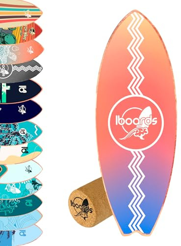 Balance Board IBOARDS – Surfbrett – PEFC Buchenholz – rutschfeste Oberfläche – 80 × 30 × 3 cm – Sommerpaket mit 13 einzigartigen Designs (Surf)