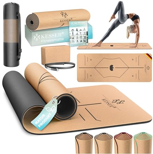 KESSER® Tappetino da yoga in sughero con tracolla e blocco – Tappetino antiscivolo in gomma naturale TPE, 183 x 62 cm, tappetino da allenamento per fitness, sport, ginnastica, extra spesso