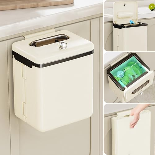 Yiomxhi Hängender Mülleimer mit Deckel, 9 L Faltbare Küchenmülleimer für Schrank, Wandmontage Abfalleimer Komposteimer für Küche, Camping, Badezimmer, Büro, Creme Weiß