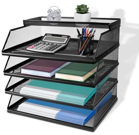 Dokumentenablage A4 Stapelbare Briefablage mit 5 Fächern (32 x 25 x 30 cm), Papierablage Schreibtisch Organizer, Aktenablage Ablagesystem für Büro und Arbeitszimmer, Schwarz