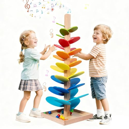 Klangbaum & Murmelbahn aus Holz, Montessori Spielzeug ab 3 Jahren, 30 Teile in 6 Regenbogen Farben, Ökologisches und Robustes Holz, Ideales Festgeschenk für Kinder