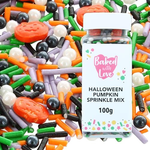 Halloween Sprinkles By Baked With Love | 100g | Orange Pumpkins, Black, White, Purple, & Green Sugar Cake Sprinkles, Edible Cake Decorations, Sugar Shapes For Cupcakes