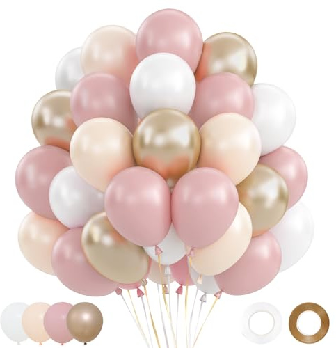Globos Rosa, 62 Piezas Globos de Cumpleaños Retro Rosa Oro, Globo Champán Dorado Blanco Pink Nude con Globo Oro Metálicos para Decoración Cumpleaños Baby Shower Matrimonio San Valentín, 12 Pulgadas