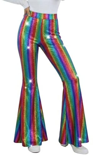 Glitzer Hose Damen Silber Pailletten Schlaghose High Waist Weites Bein Paillettenhose Metallic Glänzend Partyhose 70er 80er Disco Rave Outfit Glitzerhose für Tanz, Fasching, Karneval, Festival, Club