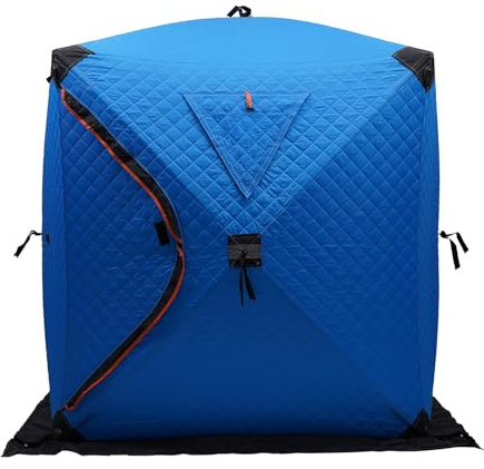 Ueukpeea Pop Up Ice Fishing Tent, 2 Person Portable Insulated Ice Fishing Shelter with Ice Anchors Windproof Ropes Toolbag Handbag 57x57x65 Outdoor Ice House for Camping Hiking Surfing (Blue)