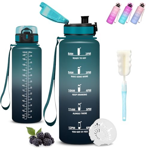 Mujigaga Trinkflasche Sport, Trinkflasche 1 5 liter, Auslaufsicher, Wasserflasche mit Zeitmarkierung, Leicht zu Reinigen, mit Schwammbecherbürste, Wasserflasche für Wandern, Yoga, Camping, Triathlon