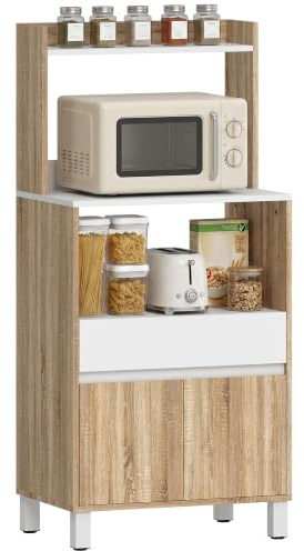 HOMCOM Meuble Micro Onde Buffet Cuisine 60 x 40 x 131 cm Chêne | avec Tiroir, 2 Portes à Fermeture Douce, Plan de Travail, Étagères Ouvertes, Meuble de Rangement pour Salle à Manger, Salon