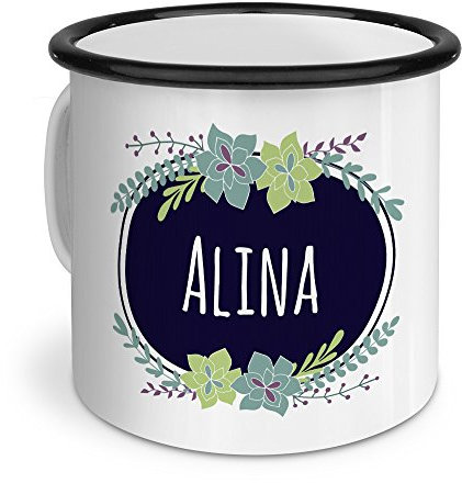 printplanet Emaille-Tasse mit Namen Alina - Metallbecher mit Design Flowers - Nostalgie-Becher, Camping-Tasse, Blechtasse, Farbe Schwarz