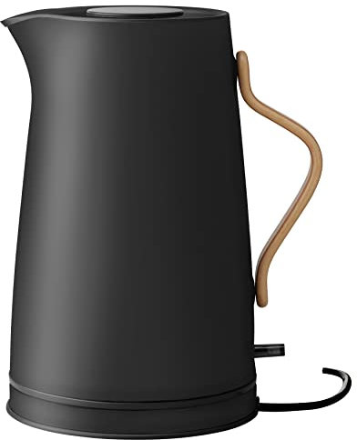 Stelton Wasserkocher Emma - Elektrischer Kocher - Kaffee- & Teekanne, skandinavisch - Filter, Trockenkoch-Sicherheitsschalter mit Abschaltung, Buchenholzgriff - 1,2 Liter, Mattschwarz, EU-Stecker