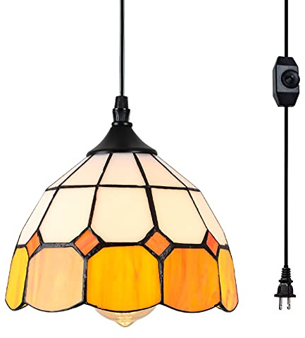 Stepeak Tiffany Hanging Pendant Light - Dimmable Mini Plug in Light Fixture, Perfect Vintage Swag Ceiling Lamp for Dining Room, Bedroom or Porch,16.4 Ft Hanging Cord, 7.9 Width