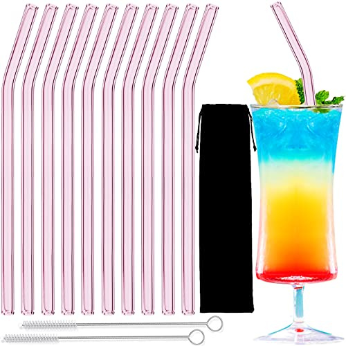 Strohhalm aus Glas, gebogen, 20,3 cm, wiederverwendbar, mit Reinigungsbürste für Becher, Tervis, Starbucks Becher, Einmachgläser - STRAW0020-PK-10 Pink 10pcs