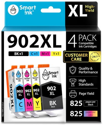 Smart Ink Compatible Ink Cartridge Replacement for HP 902 XL 902XL (4 Combo Pack) to use with Officejet Pro 6978 6968 6974 6975 6960 Officejet 6951 6954 6956 6958 Printers