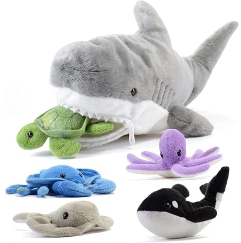 Prextex 38 cm großer Plüsch-Hai Plus 5 weiche Plüsch-Meerestiere, Kuscheltiere Stofftiere wie Oktopus, Krabbe, Schildkröte, Stachelrochen und Blauwal