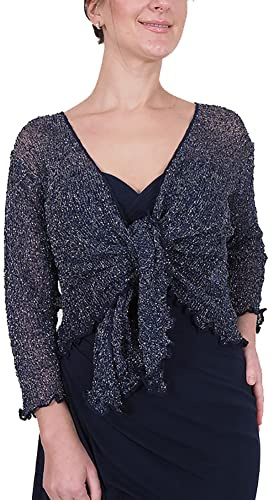 Mimosa Señoras Mujeres Crochet Bolero Brillo y Liso de Encaje Elastico Cardigan Abierto (Talla Unica ES 36-44, Navy/Silver)