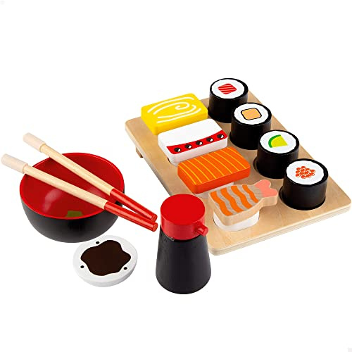 WOOMAX Nourriture Sushi Bois, Jouets alimentaires, Plateau de Repas pour Enfants, 14 Pièces, +2 Ans, 49336